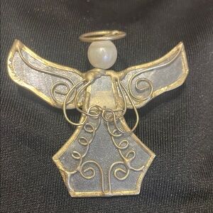 011 Vintage Capiz Shell Faux Pearl Stained Glass Angel Brooch